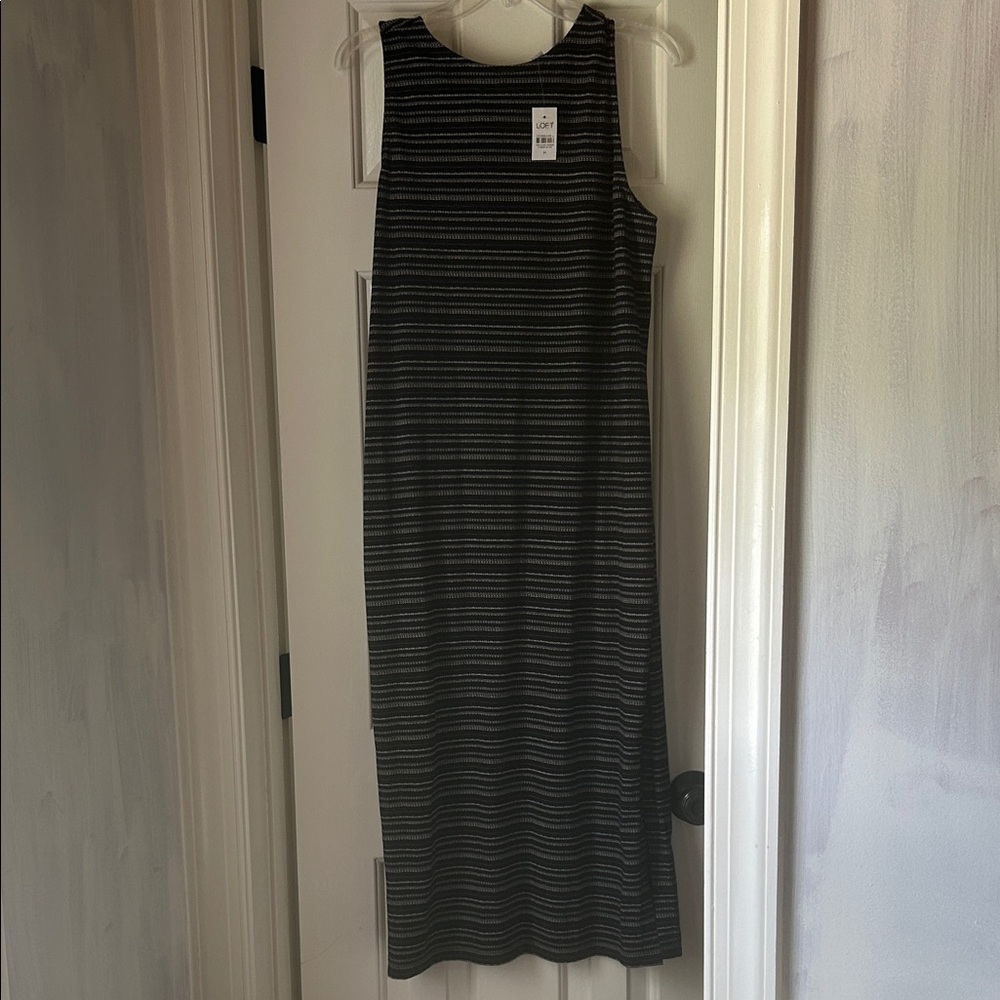 LOFT Black and Gray Striped Midi Dress